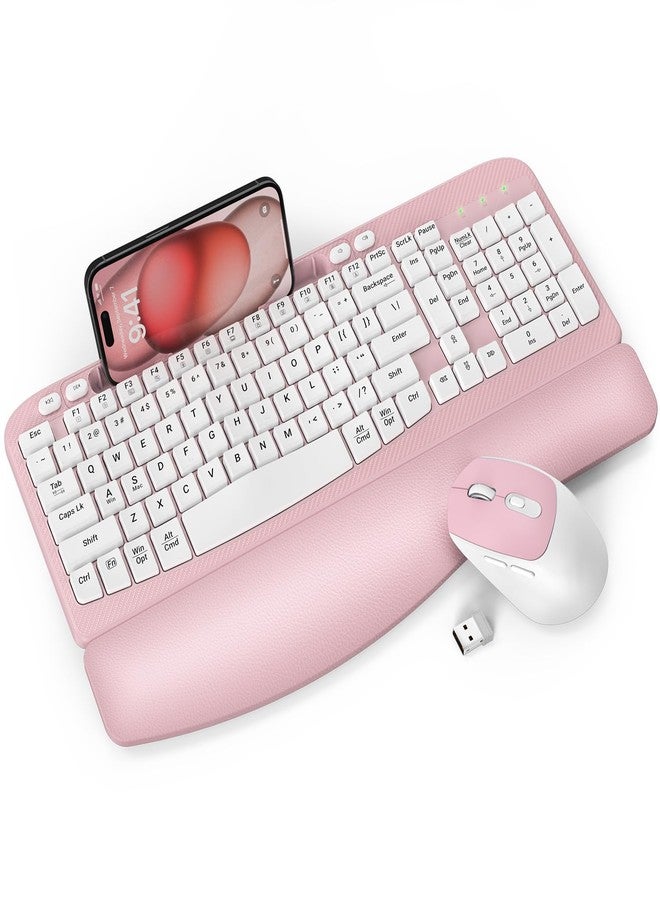 EAYBLLY Wireless Keyboard and Mouse Combo, Wireless Ergonomic Keyboard with Wrist Rest, Phone Holder, Sleep Mode, Silent 2.4GHz Cordless Keyboard Mouse Set for Computer, Laptop, PC, Windows (Pink) - Image 1