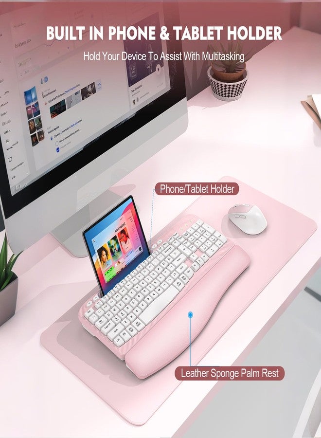 EAYBLLY Wireless Keyboard and Mouse Combo, Wireless Ergonomic Keyboard with Wrist Rest, Phone Holder, Sleep Mode, Silent 2.4GHz Cordless Keyboard Mouse Set for Computer, Laptop, PC, Windows (Pink) - Image 5