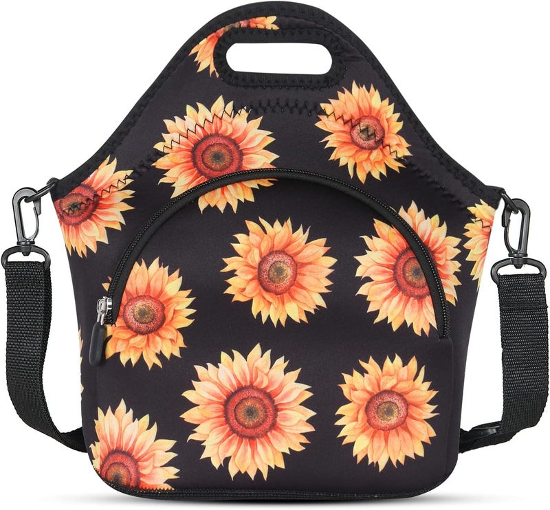 Violet Mist Retro Sunflower Neoprene Lunch bag Women Insulated Flora Lunch box Tote Bag Shoulder Strap Pocket Reusable Waterproof for Adult Girl Gift Work Hiking Picnic - Image 1