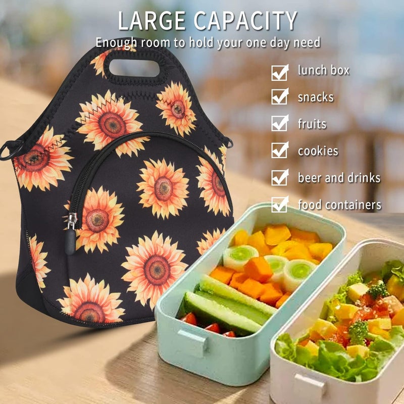 Violet Mist Retro Sunflower Neoprene Lunch bag Women Insulated Flora Lunch box Tote Bag Shoulder Strap Pocket Reusable Waterproof for Adult Girl Gift Work Hiking Picnic - Image 5