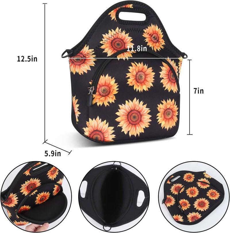 Violet Mist Retro Sunflower Neoprene Lunch bag Women Insulated Flora Lunch box Tote Bag Shoulder Strap Pocket Reusable Waterproof for Adult Girl Gift Work Hiking Picnic - Image 3