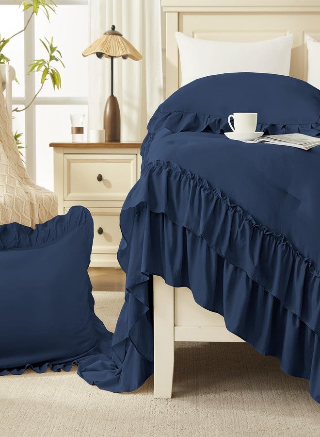 Andency Navy Blue Queen Comforter Set (90x90Inch), 3 Pieces Lightweight Fluffy Ruffle Bedding Comforter Sets for Queen Bed, Farmhouse Shabby Chic Soft Microfiber All Season Bed Set - Image 4