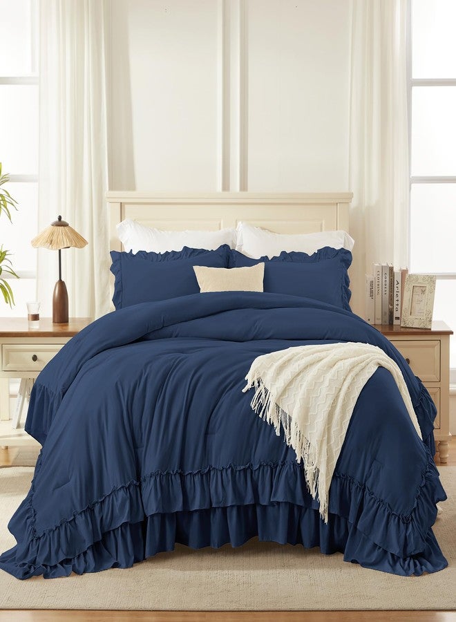 Andency Navy Blue Queen Comforter Set (90x90Inch), 3 Pieces Lightweight Fluffy Ruffle Bedding Comforter Sets for Queen Bed, Farmhouse Shabby Chic Soft Microfiber All Season Bed Set - Image 2