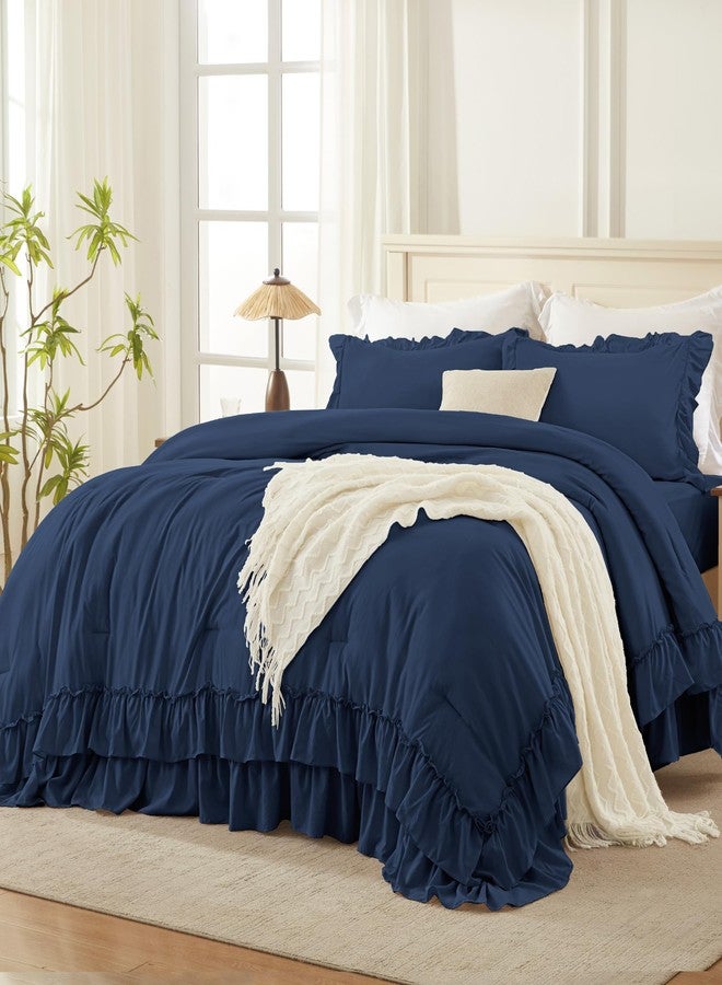 Andency Navy Blue Queen Comforter Set (90x90Inch), 3 Pieces Lightweight Fluffy Ruffle Bedding Comforter Sets for Queen Bed, Farmhouse Shabby Chic Soft Microfiber All Season Bed Set - Image 1