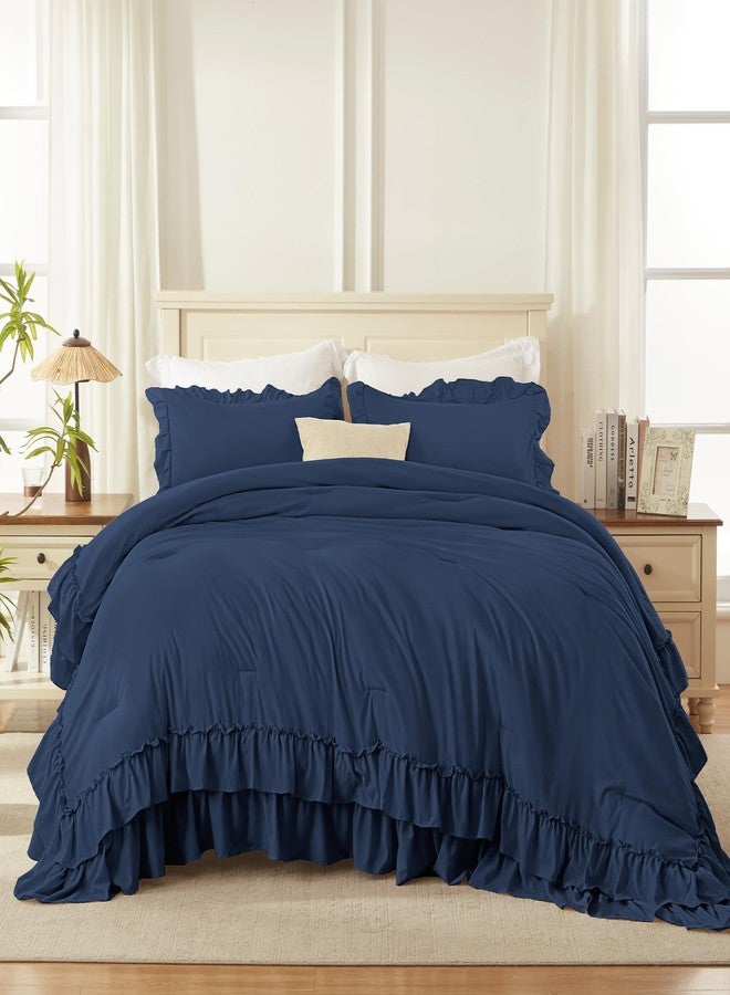 Andency Navy Blue Queen Comforter Set (90x90Inch), 3 Pieces Lightweight Fluffy Ruffle Bedding Comforter Sets for Queen Bed, Farmhouse Shabby Chic Soft Microfiber All Season Bed Set - Image 5