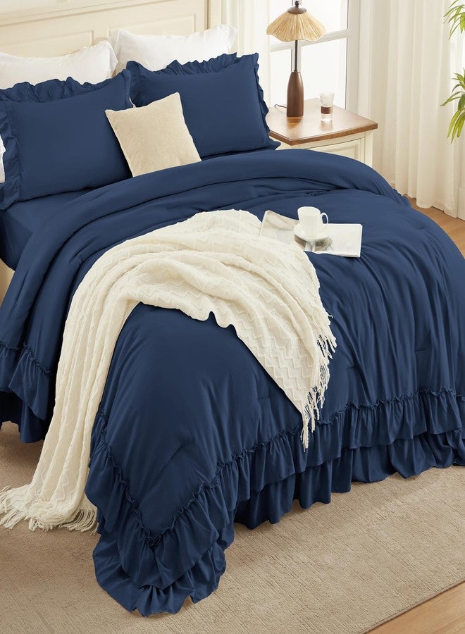 Andency Navy Blue Queen Comforter Set (90x90Inch), 3 Pieces Lightweight Fluffy Ruffle Bedding Comforter Sets for Queen Bed, Farmhouse Shabby Chic Soft Microfiber All Season Bed Set - Image 3
