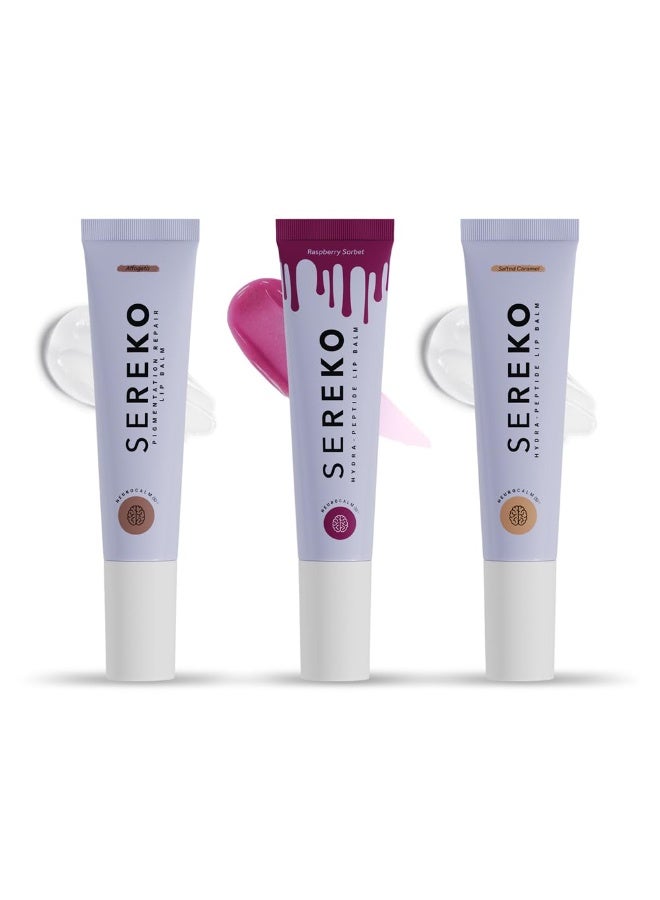 Sereko Lips Don'T Lie Kit - Hydra Peptide Lip Balm Combo, Salted Caramel (Non-Tinted), Raspberry Sorbet (Tinted), Affagato (Pigmentation Repair), pack of 3, Multicolour| 8g - Image 1
