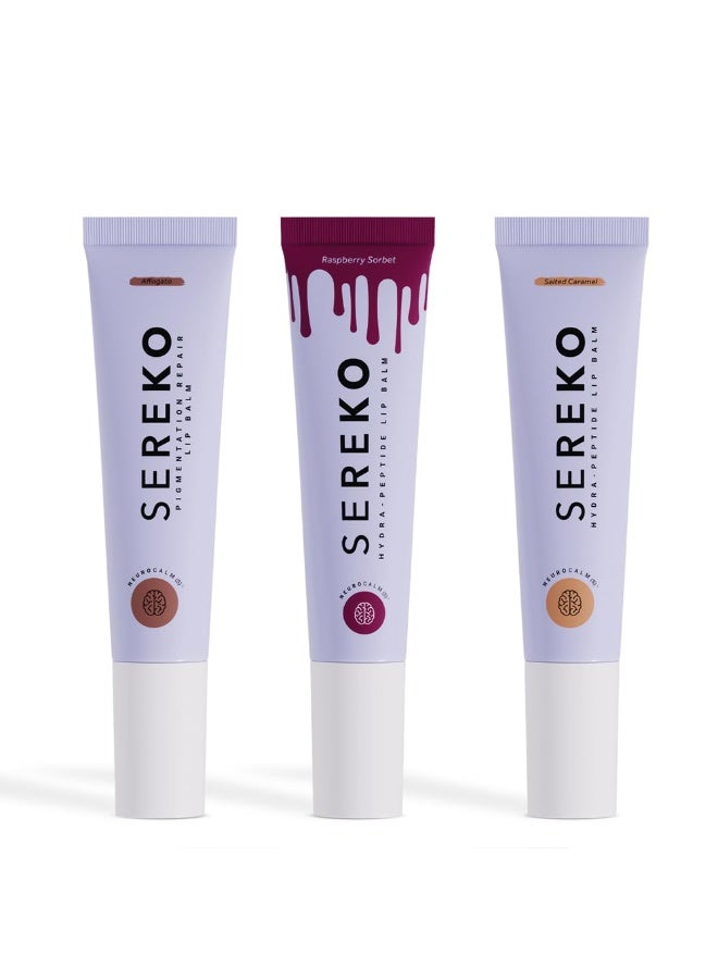 Sereko Lips Don'T Lie Kit - Hydra Peptide Lip Balm Combo, Salted Caramel (Non-Tinted), Raspberry Sorbet (Tinted), Affagato (Pigmentation Repair), pack of 3, Multicolour| 8g - Image 4