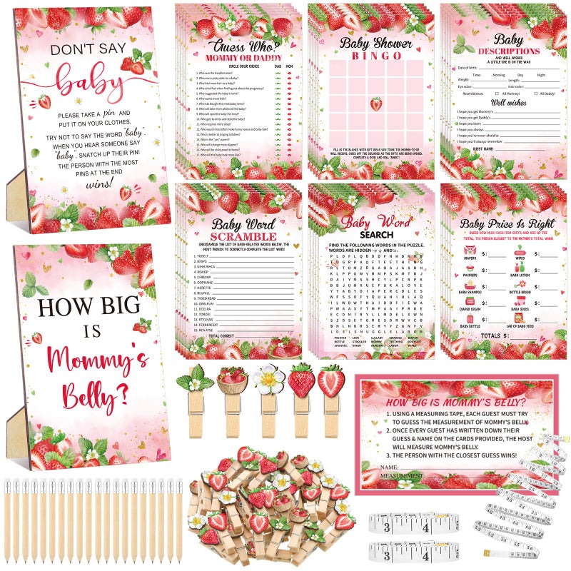 Funnymoom 426 Pcs Strawberry Baby Shower Games Set-8 Games Includes Baby Shower Bingo Price is Right Guess Who Word Scramble Prediction and Advice How Big is Mommy's Belly Don't Say the Words - Image 1
