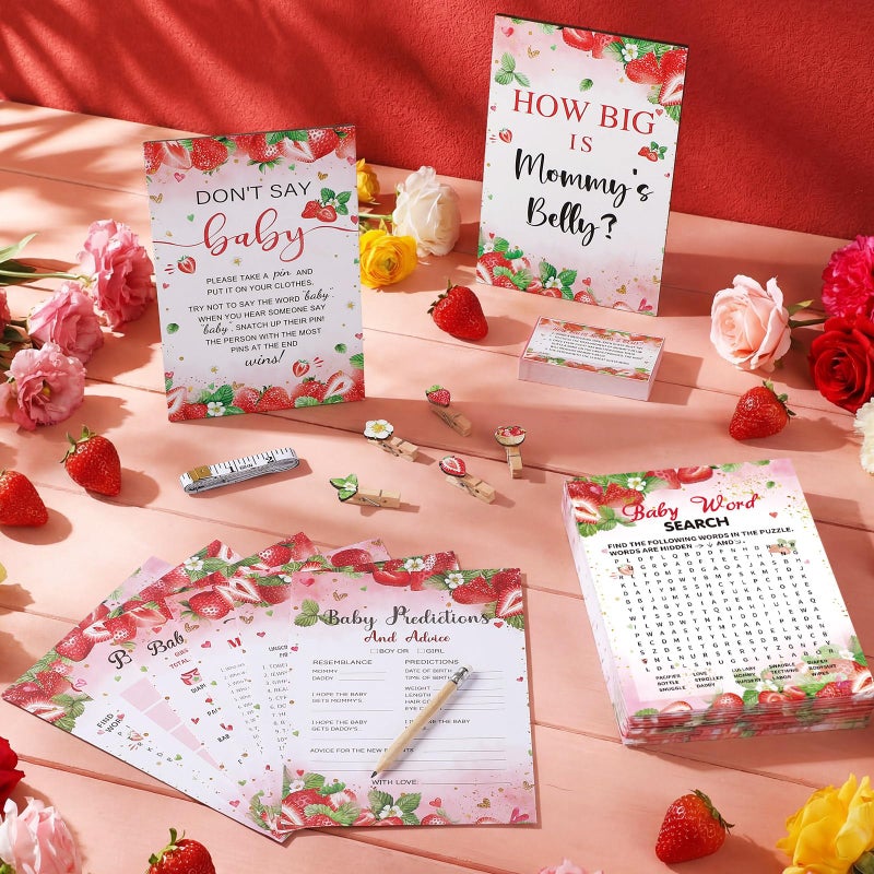 Funnymoom 426 Pcs Strawberry Baby Shower Games Set-8 Games Includes Baby Shower Bingo Price is Right Guess Who Word Scramble Prediction and Advice How Big is Mommy's Belly Don't Say the Words - Image 2