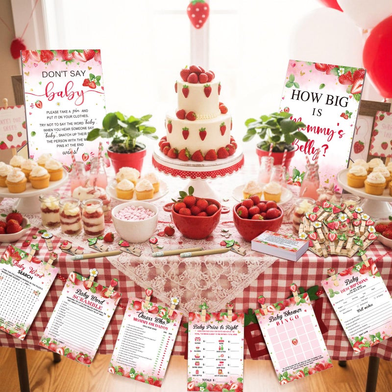 Funnymoom 426 Pcs Strawberry Baby Shower Games Set-8 Games Includes Baby Shower Bingo Price is Right Guess Who Word Scramble Prediction and Advice How Big is Mommy's Belly Don't Say the Words - Image 5