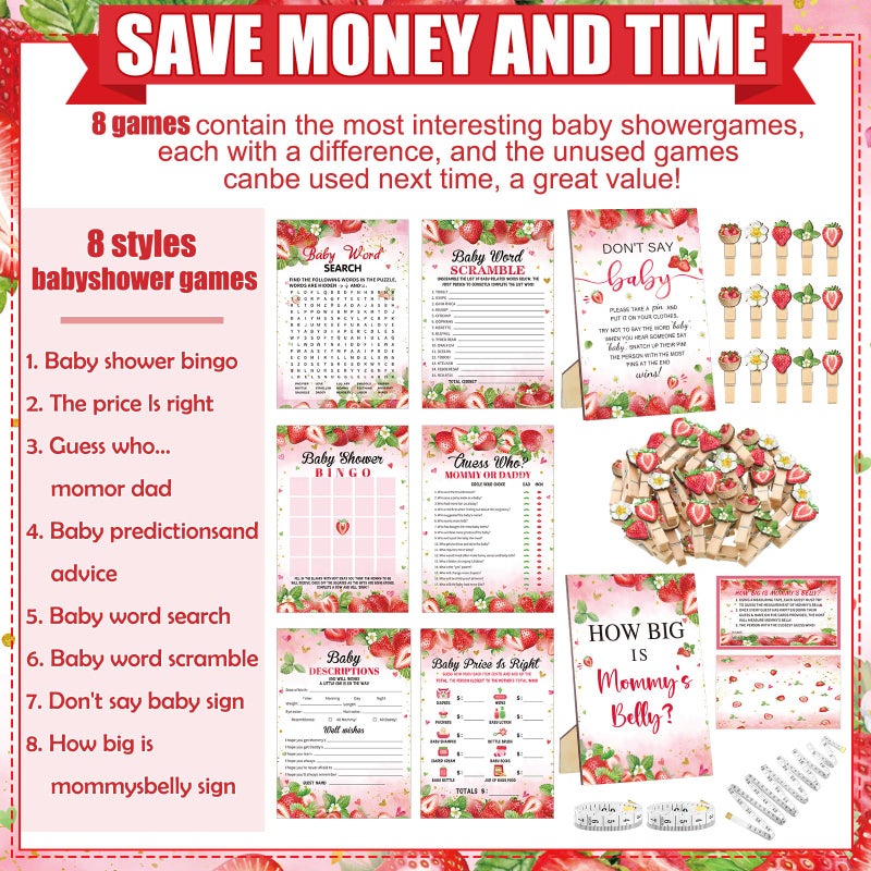 Funnymoom 426 Pcs Strawberry Baby Shower Games Set-8 Games Includes Baby Shower Bingo Price is Right Guess Who Word Scramble Prediction and Advice How Big is Mommy's Belly Don't Say the Words - Image 4