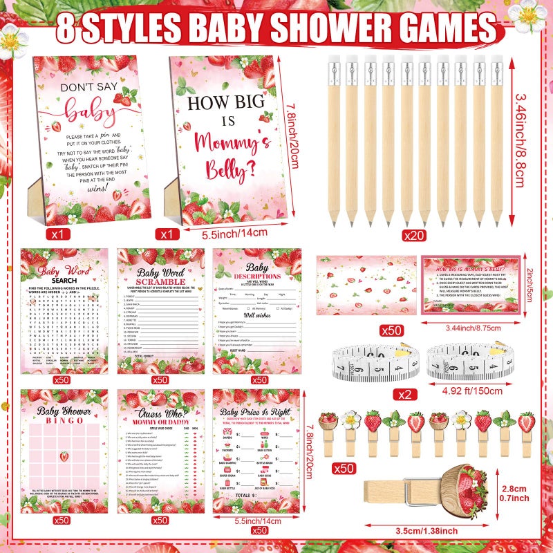 Funnymoom 426 Pcs Strawberry Baby Shower Games Set-8 Games Includes Baby Shower Bingo Price is Right Guess Who Word Scramble Prediction and Advice How Big is Mommy's Belly Don't Say the Words - Image 3