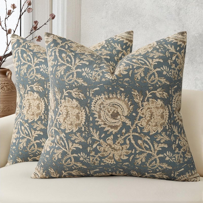 DKwizme Vintage Floral Print Throw Pillow Covers 20x20 Set of 2 Neutral Modern Farmhouse Pillowcase Accent Decorative Cushion Covers Boho Home Decor for Couch Sofa Chair Bed Living Room, Dusty Blue - Image 1