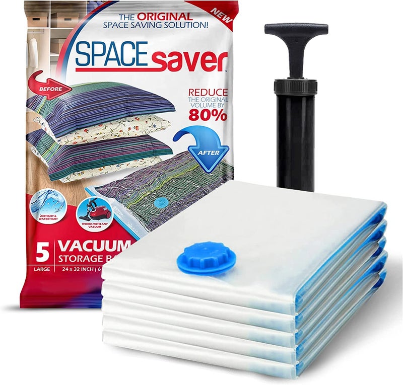 Spacesaver 5 Pack Large Vacuum Storage Bags for Comforters, Blankets & Clothes â€“ Vacuum Sealed Compression Bags with Hand Pump â€“ Space Saver Storage Bags for Bedding, Moving, Travel & Organization - Image 1