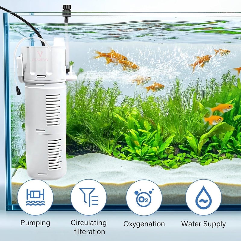 VAYINATO فلتر داخلي غاطس 4 في 1 (BL-99E | 18W | 1000L/Hr | مثالي لخزان 2 قدم) | تدفق قابل للتعديل | هادئ للغاية (أبيض) - Image 2
