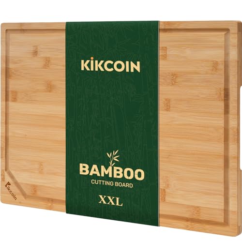 Kikcoin 20”×14” Bamboo Cutting Boards for Kitchen, Wooden Healthy Cutting Boards for Charcuterie, Vegetables, Cheese, Bread, Extra Large Chopping Boards with Deep Juice Groove and Handle, Natural - Image 1