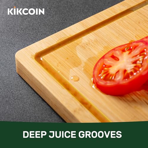 Kikcoin 20”×14” Bamboo Cutting Boards for Kitchen, Wooden Healthy Cutting Boards for Charcuterie, Vegetables, Cheese, Bread, Extra Large Chopping Boards with Deep Juice Groove and Handle, Natural - Image 4