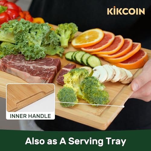 Kikcoin 20”×14” Bamboo Cutting Boards for Kitchen, Wooden Healthy Cutting Boards for Charcuterie, Vegetables, Cheese, Bread, Extra Large Chopping Boards with Deep Juice Groove and Handle, Natural - Image 5