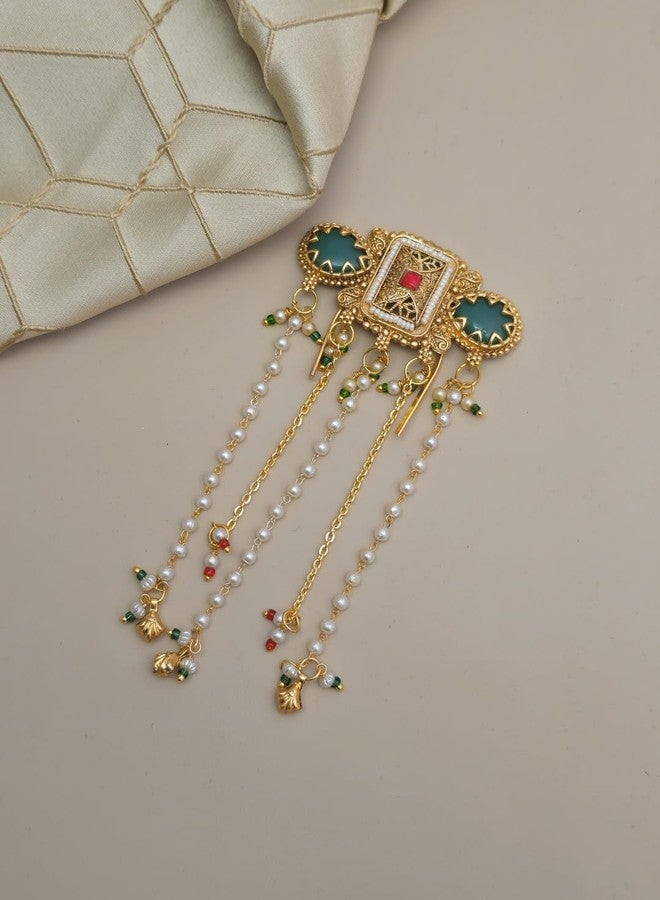 Twinsho Traditional Gold Tone Hair Pin, Teal Green Stone, Pearl Beads, Ornate Design, Ethnic Bridal Accessory, Kunad hair accessories for women - Image 1