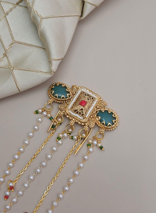 Twinsho Traditional Gold Tone Hair Pin, Teal Green Stone, Pearl Beads, Ornate Design, Ethnic Bridal Accessory, Kunad hair accessories for women - Image 2