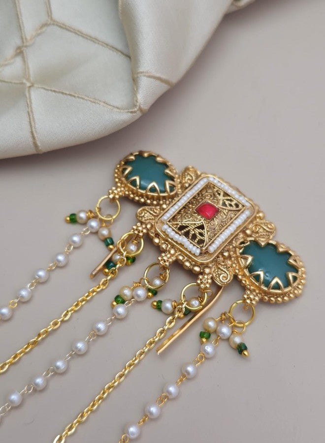 Twinsho Traditional Gold Tone Hair Pin, Teal Green Stone, Pearl Beads, Ornate Design, Ethnic Bridal Accessory, Kunad hair accessories for women - Image 3