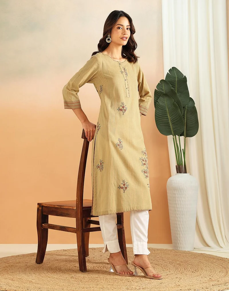 Fabindia Mustard Cotton Printed Buta Long Kurta
