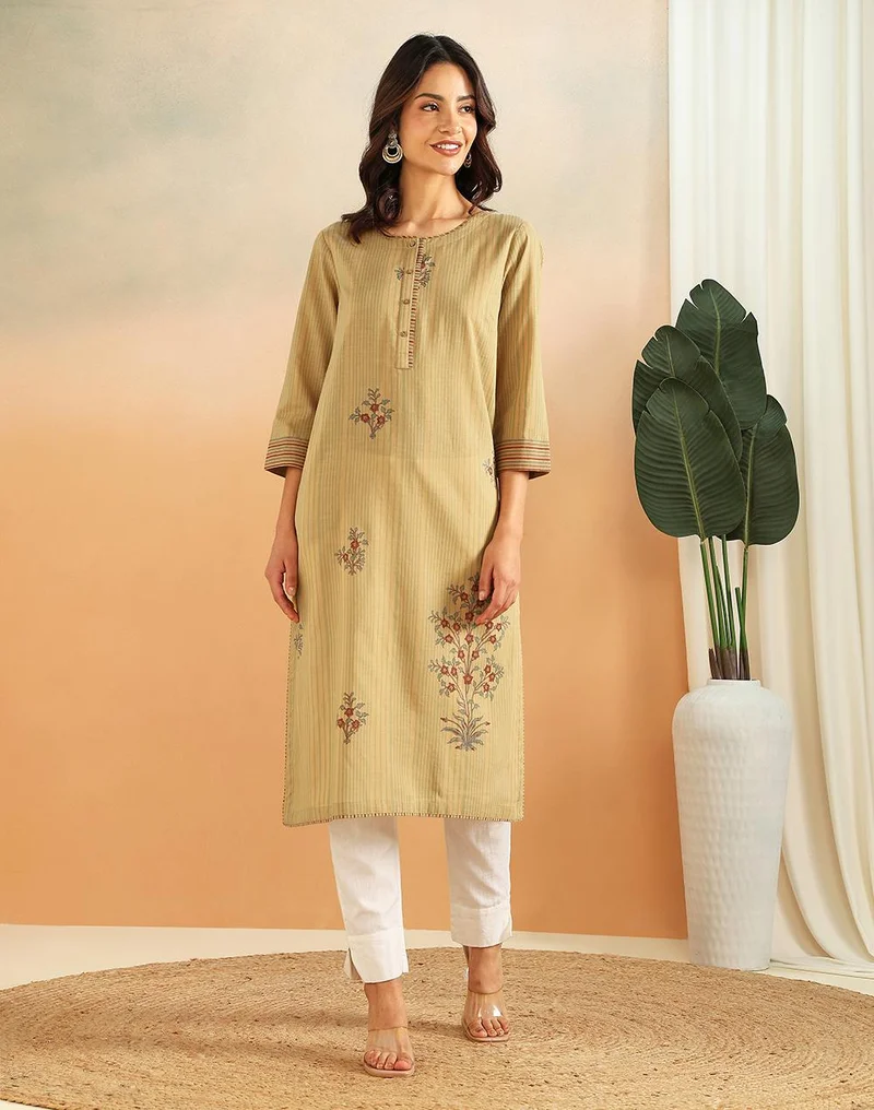 Fabindia Mustard Cotton Printed Buta Long Kurta
