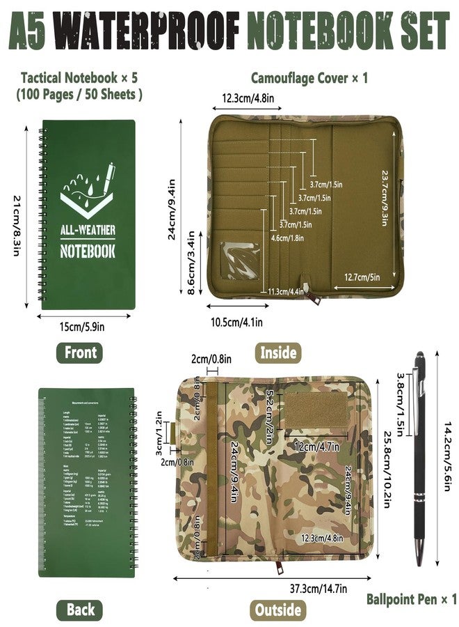 CUGBO 7PC Waterproof Notebook Set, Zippered Tactical Army Military Notebooks Padfolio Organizer with 5pc All-Weather Top-Spiral A5 Stone Paper Notepads and Pen for Outdoor Activities Recording Hiking - Image 2