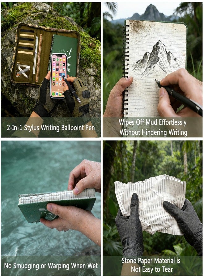 CUGBO 7PC Waterproof Notebook Set, Zippered Tactical Army Military Notebooks Padfolio Organizer with 5pc All-Weather Top-Spiral A5 Stone Paper Notepads and Pen for Outdoor Activities Recording Hiking - Image 5