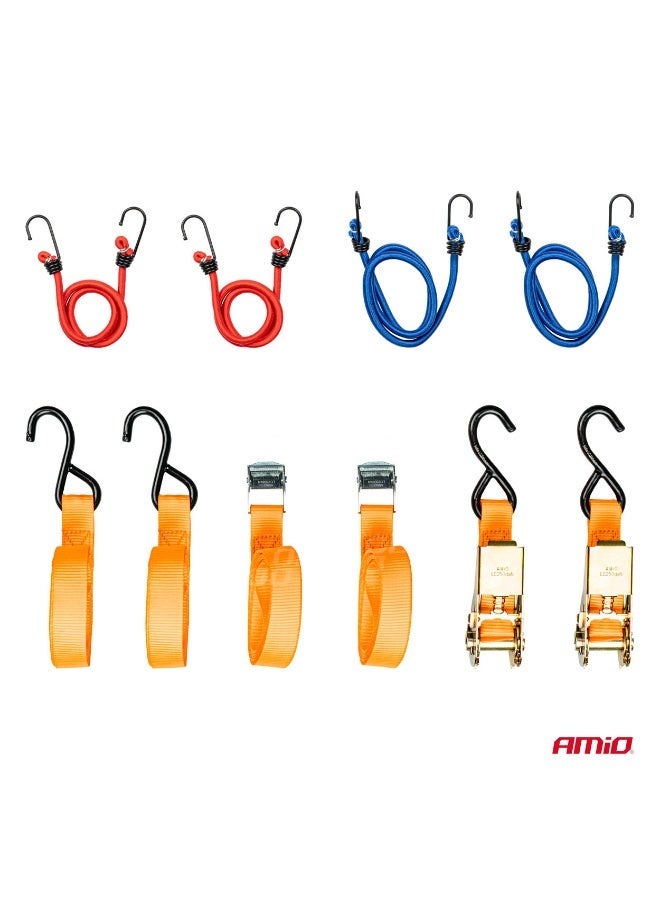 AMIO Transport Tie Down Strap and Elastic Rope Set with Storage Bag - 12 Pieces - 03293 - Image 1