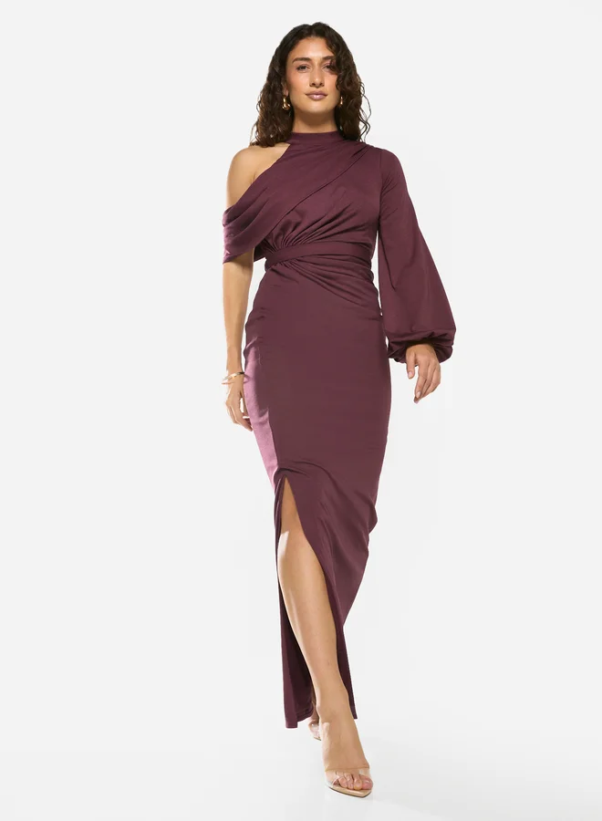 House of Moda Asymmetric Drape One-Sleeve Gown Maxi Dress