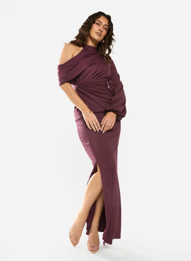 House of Moda Asymmetric Drape One-Sleeve Gown Maxi Dress