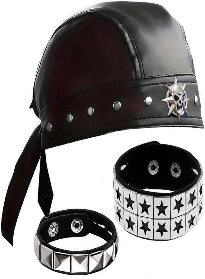 Cagzzee Punk Doo Rags - Cycling Bandana Skull Cap Biker Punk Studded Leather Cap Do Rag with 2 Bracelets Black - Image 1