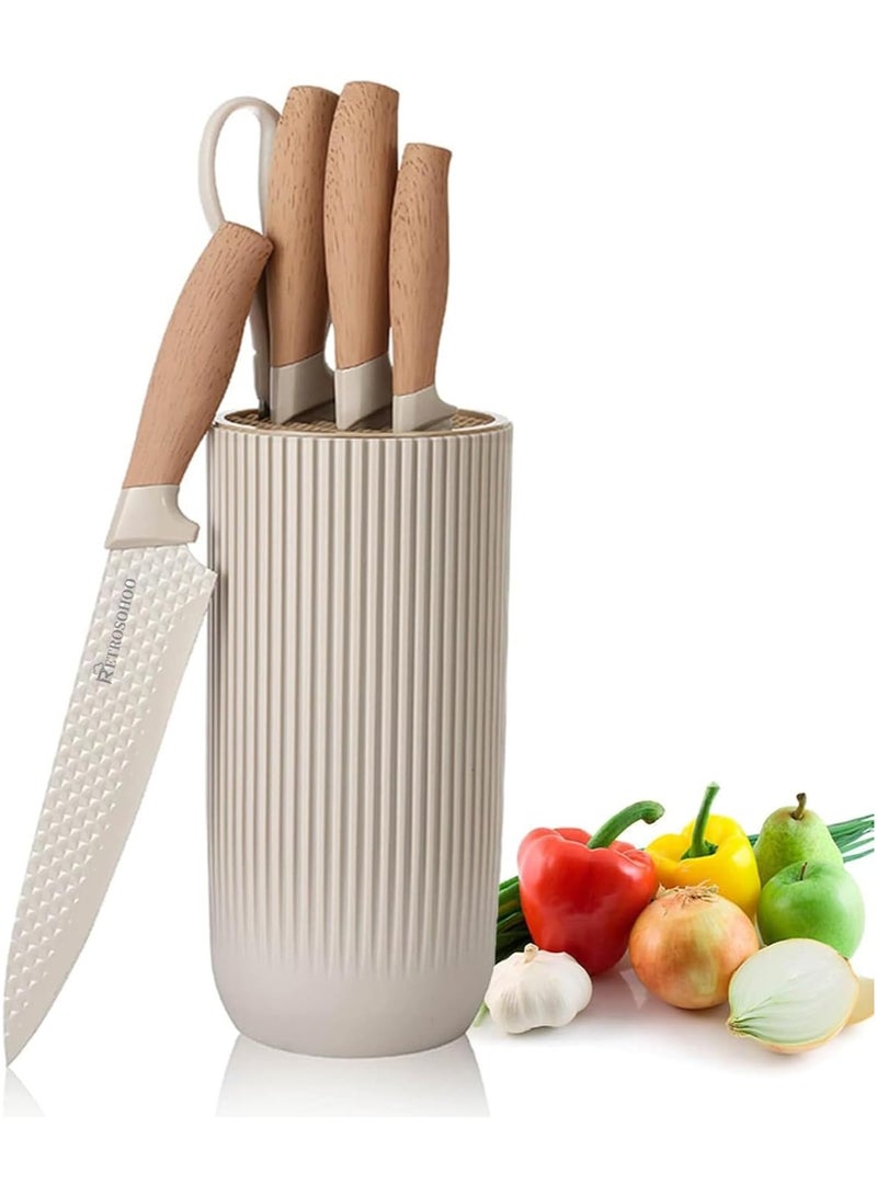 Knife Set, Retrosohoo 6-Pieces Khaki Sharp Knife Set for Kitchen, Non-stick Non-slip Stainless Steel Chef Knife Set with Universal Knife Block Suitable for Home Restaurant  - Image 1