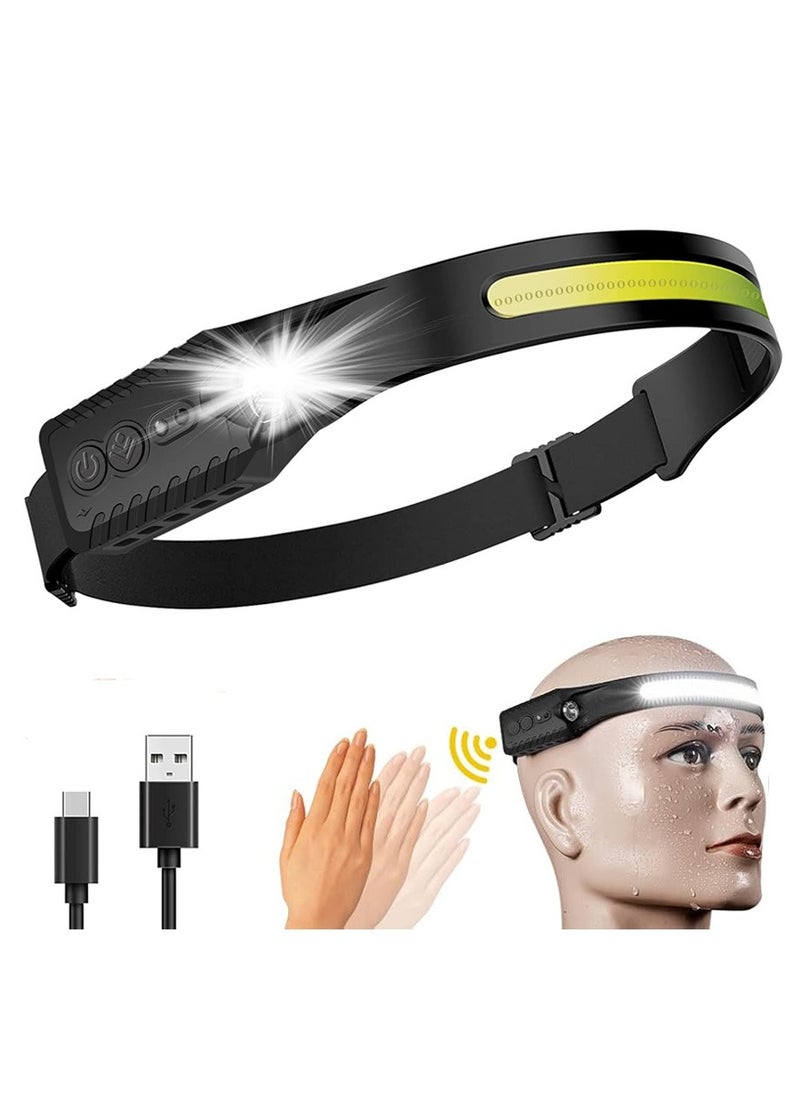وانغبانغزي مصباح أمامي LED قابل لإعادة الشحن، شعاع عريض بزاوية 230 درجة COB 230 درجة، 5 أوضاع للمصابيح الأمامية خفيفة الوزن مع مستشعرات حركة، شحن USB من النوع C، مناسب للجري الليلي وصيد الأسماك وركوب الدراجات والتخييم والإضاءة الخارجية  - Image 1