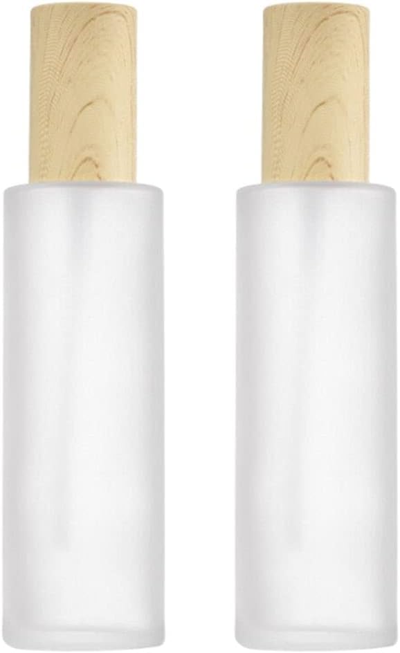 2Pcs 120ml 4oz Empty Refillable Frosted Glass Cosmetic Cream Lotion Bottle Pump Bottles Container Vial Jar Pot With Wood Grain Lid For Emulsion Essence Liquid