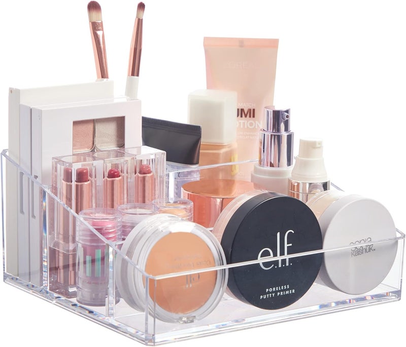 STORi Clear Plastic Small Countertop Vanity Makeup Organizer Compact Rectangular 4Compartment Holder for Brushes Eyeshadow Palettes Beauty Supplies Made in USA