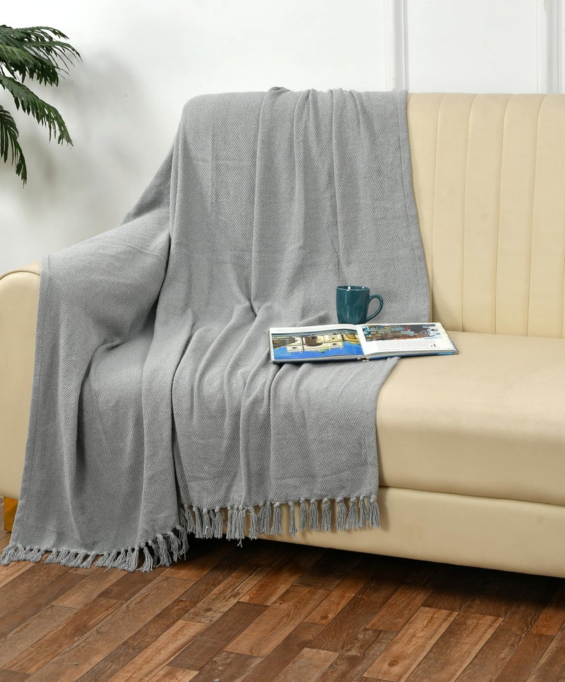 SASHAA WORLD Solid Grey Cotton Throw for Sofa | Ultra-Soft & Cozy Blanket | 100% Cotton | Decorative Fringed Couch Cover | 125 x 150 cm | Machine Washable - Image 1