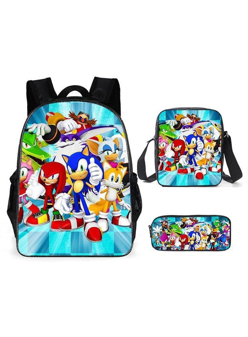 Sonic Primary School Backpack Cartoon Anime Backpack Messenger Bag Pencil Case Three-Piece Set 29*16*42cm