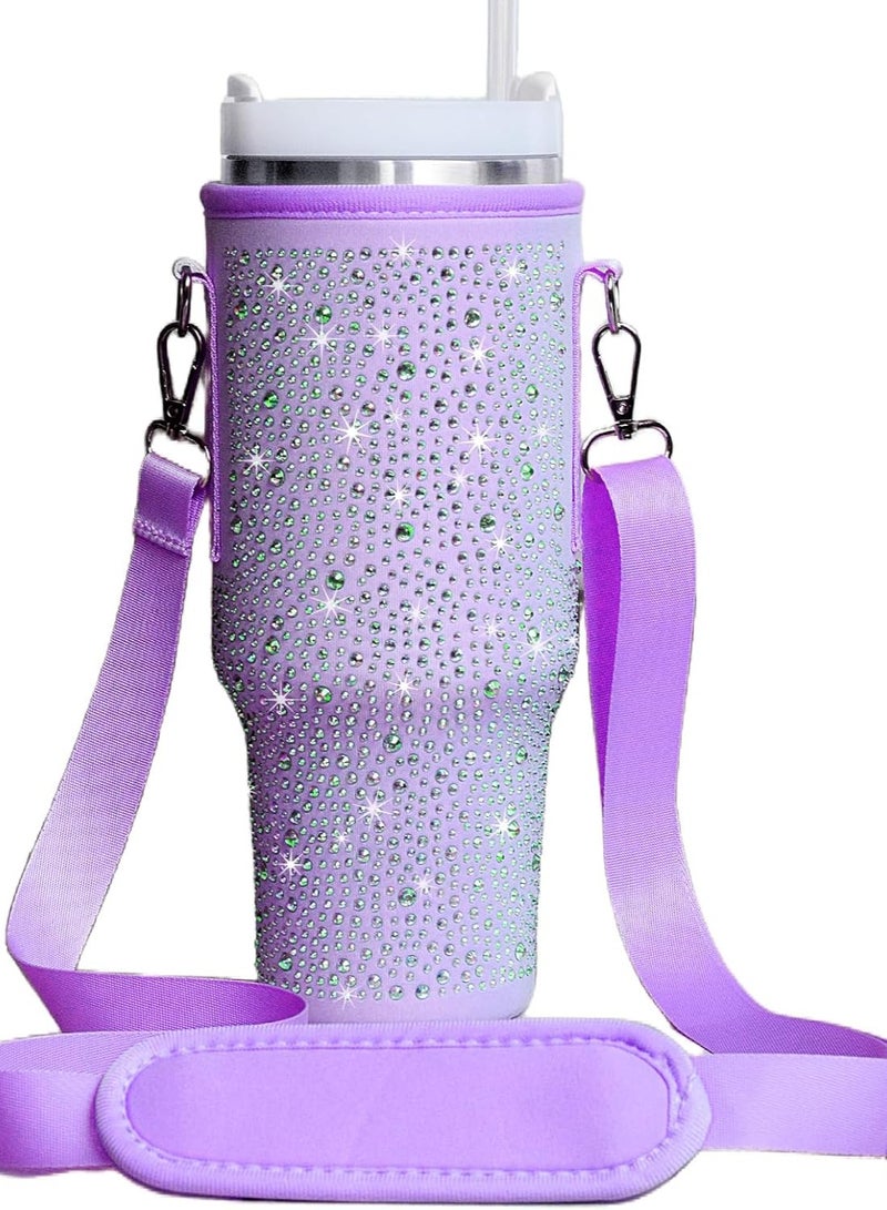 Bling Stanley Cup Holder with Strap  Letter Charm,40 oz Stanley Water Bottle Carrier Bag (Light purple) - Image 2