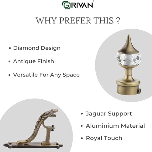 GRIVAN Aluminium Single Diamond Curtain Brackets Parda Holders with Jaguar Support Fittings 1 Inch Rod Pocket Finials Designer Door and Window (Antique, Pair of 6) - Image 3