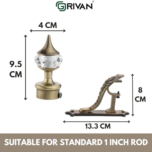 GRIVAN Aluminium Single Diamond Curtain Brackets Parda Holders with Jaguar Support Fittings 1 Inch Rod Pocket Finials Designer Door and Window (Antique, Pair of 6) - Image 4