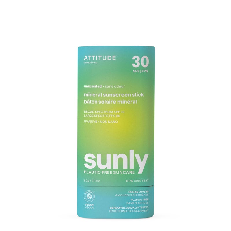 ATTITUDE Mineral Sunscreen Stick with Zinc Oxide, SPF 30, EWG Verified, Plastic-Free, Broad Spectrum UVA/UVB Protection, Dermatologically Tested, Vegan, Unscented, 2.1 Ounces - Image 1