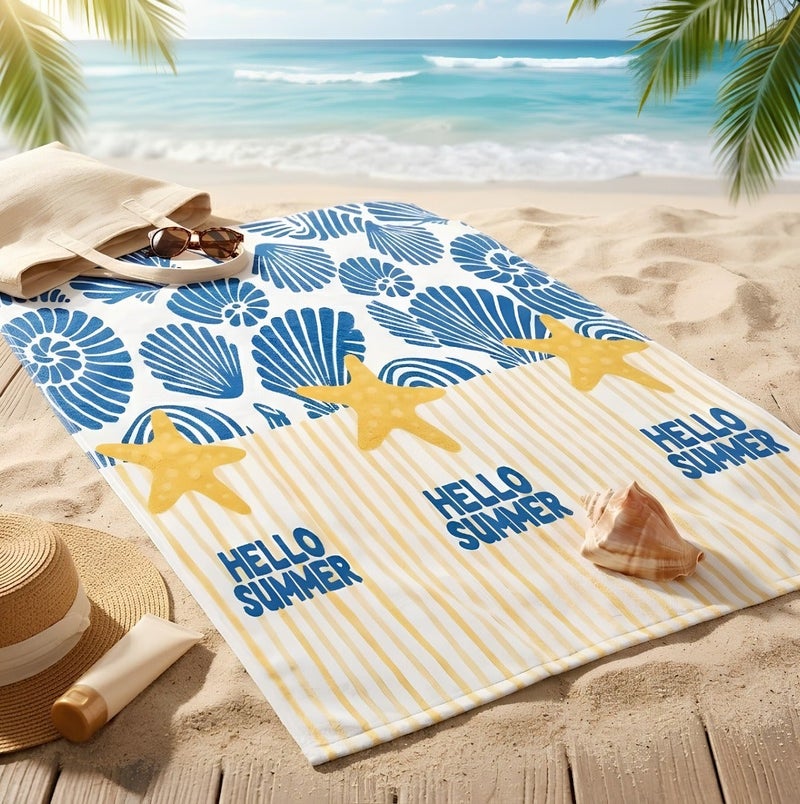 بشكير بحر HELLO SUMMER بتصميم مقلم ونجمة باللونين الأصفر والأبيض – 140 × 70 سم - Image 2