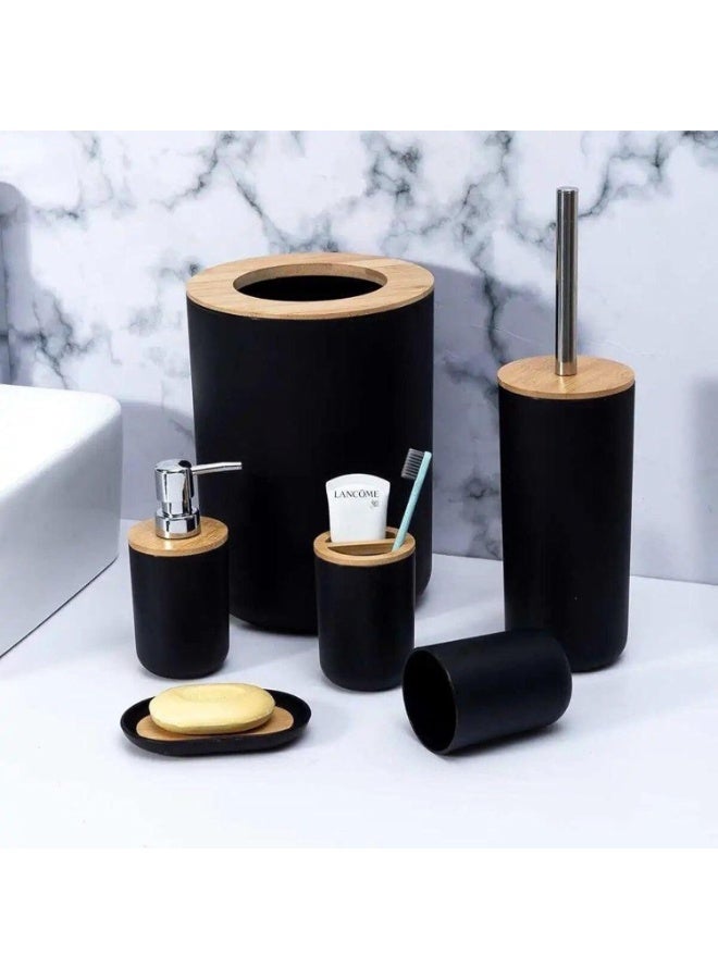 Bathroom Accessories, 6 Piece Set, Plastic, Toothbrush Holder, Toothbrush Cup, Soap Dispenser, Dish, Toilet Brush Holder, Trash Can, Tumbler (Black Round) - Image 2
