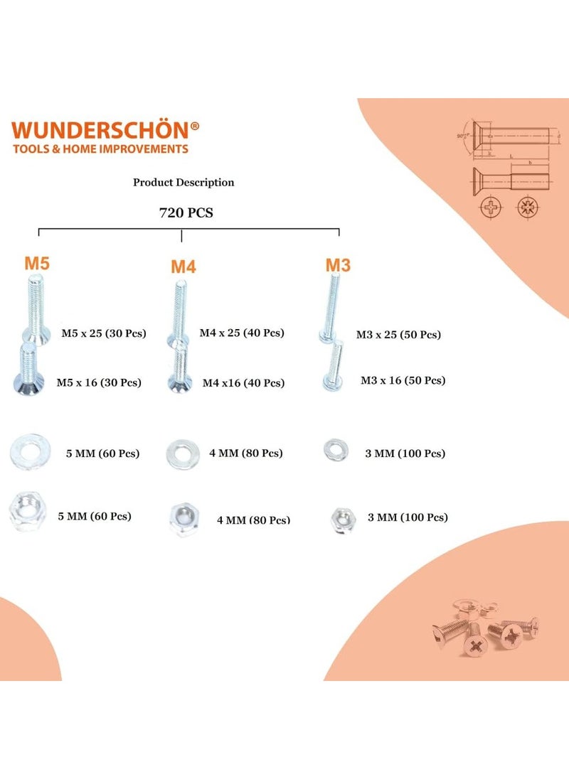 WUNDERSCHÖN WUNEDRSCHÖN  Phillips Pan Head Bolts Kit  720 Pieces For  furniture construction, repair, and assembly projects  - Image 2