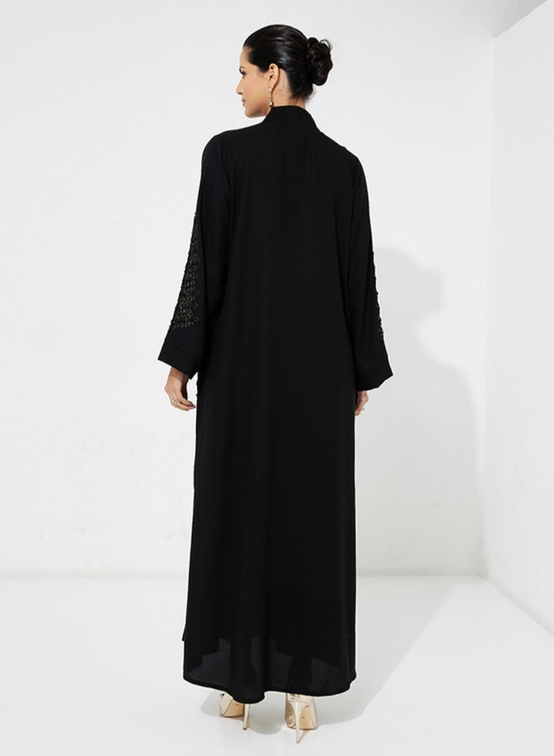 Rosette Abaya Black Open Abaya with Cutting Design & Gold Embroidery Stones (Hand Embroidery) - Image 3