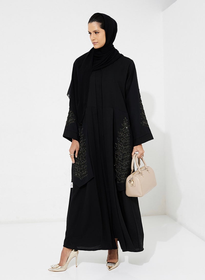 Rosette Abaya Black Open Abaya with Cutting Design & Gold Embroidery Stones (Hand Embroidery) - Image 4