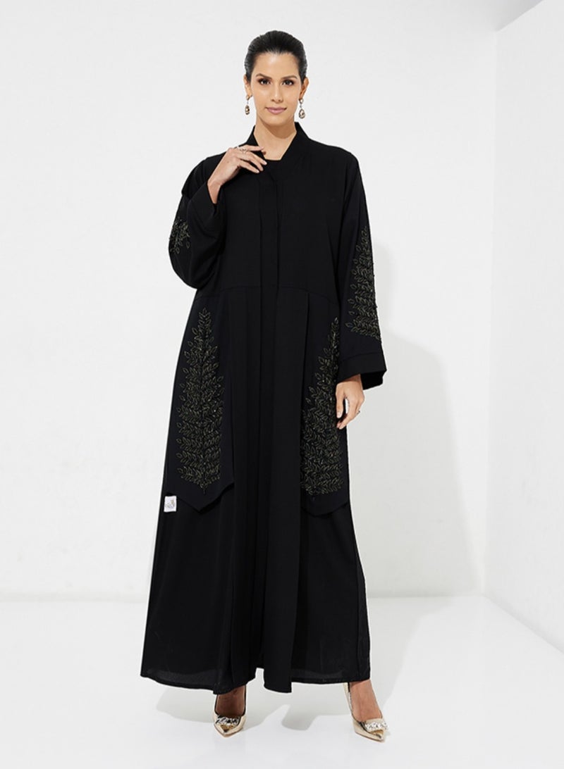 Rosette Abaya Black Open Abaya with Cutting Design & Gold Embroidery Stones (Hand Embroidery) - Image 1